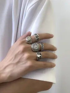 5pcs/Set Men's Fashion Trendy Alloy Stacking Rings, Street Style Retro Cool Design Totem Geometric Pattern Men's Ring Stackable Rings