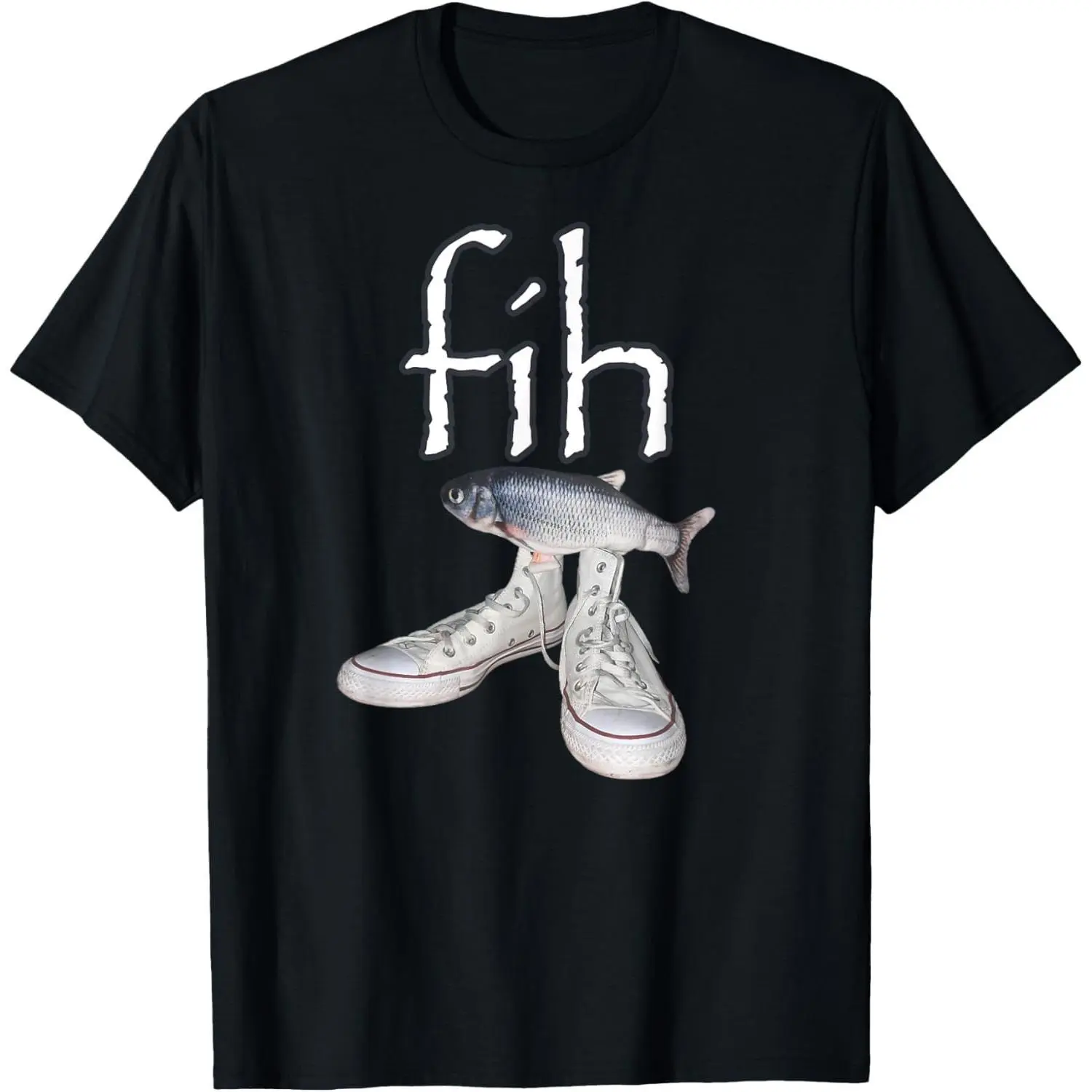 Men's Loose-Fitting Graphic T-Shirt - Funny Misspelled Fish Meme Print, Short-Sleeve Crew Neck Soft Sports Fabric Streetwear Top, All Seasons, Machine Washable