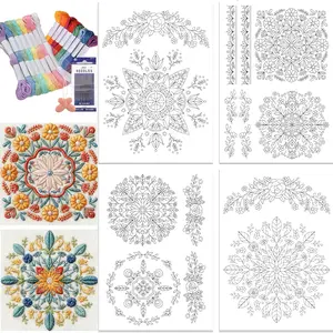14pcs DIY Non-Woven Self-Adhesive Embroidery Stickers, Floral Embroidery Design Water-Soluble Embroidery Patterns Preprinted with Needle Thread, Flower Embroidery