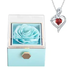 Gifts for Girlfriend Rotating Eternal Rose Gift Box Necklace Set Preserved Flower Jewelry Box for Valentine Christmas Birthday