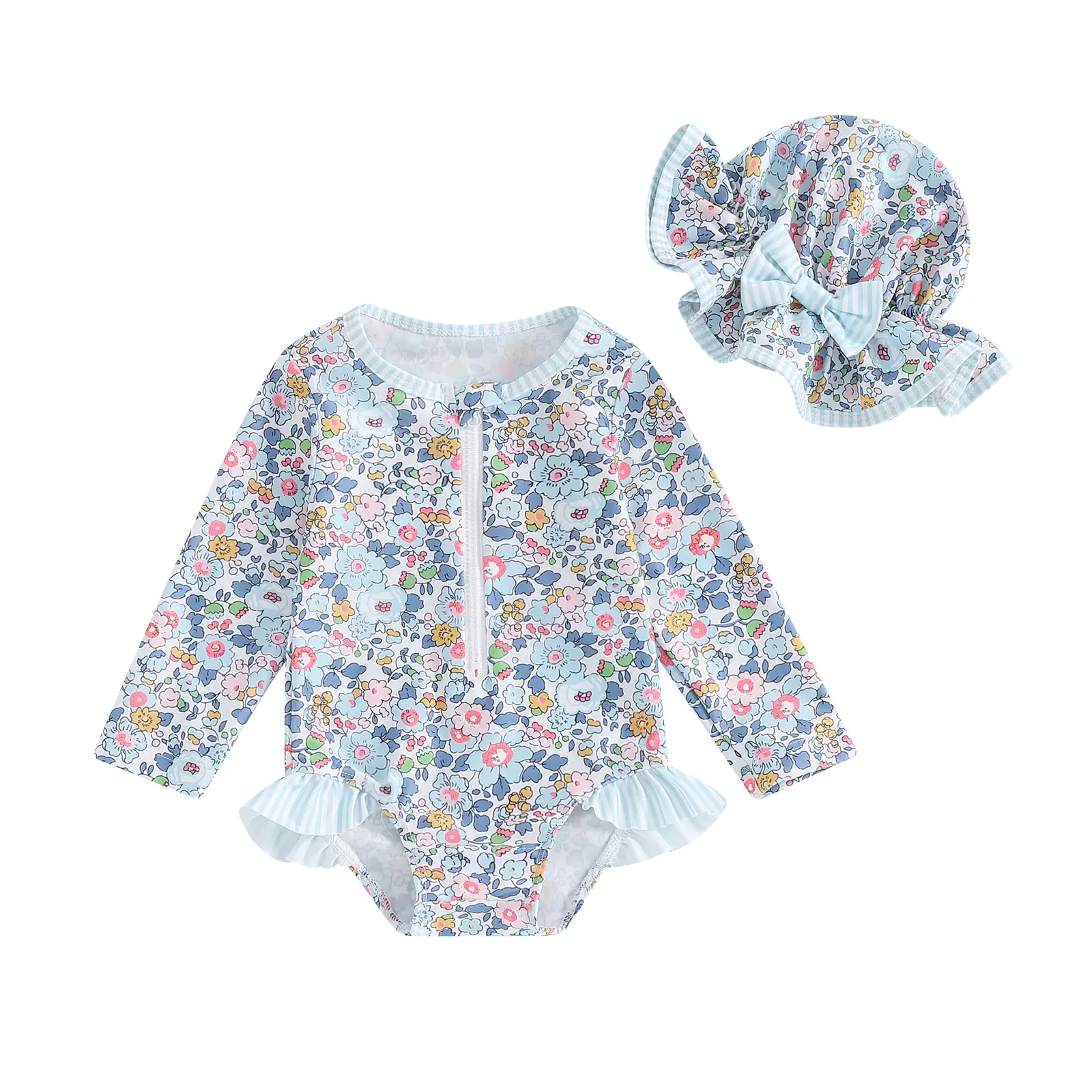 Baby Girl Rash Guard Swimsuit Long Sleeve Floral Print Bathing Suit Infant Swimwear with Bowknot Sun Hat