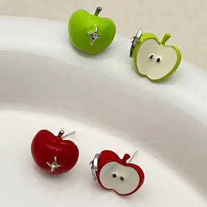 Green Apple Glazed Silver Needle Earrings For Women,Unique Design And Fashionable Earrings
