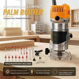 HANWISE Multi-functional Palm Router, Handheld Trimmer For Edging, Grooving & Carving, 15Pcs Premium Carbide Router Bits & Full Accessories For DIY Carpentry & Furniture Making