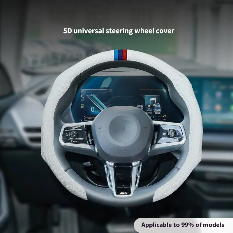 15" Universal Sleek Black Racing Steering Wheel Cover, Featuring Iconic Tri-Color Strip new-aii nappa protection girl car accessory