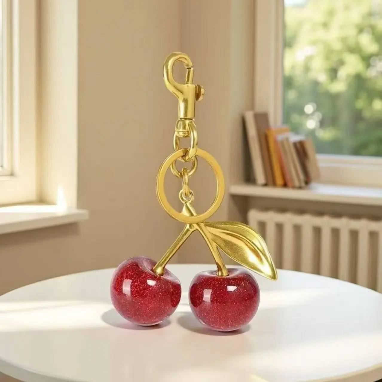 This is a small cherry keychain.Small cherry keychain bag decoration with golden and red sequins cherries. Suitable for handbags, gifts. Multi-functional and fun material.