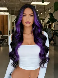 Black Purple Highlight 13x4 Lace Front Wig Body Wave Synthetic Wig Free Part Natural Hairline Heat-Resistant Fiber for Women Daily Wear 28 Inches Lace Frontal Wigs
