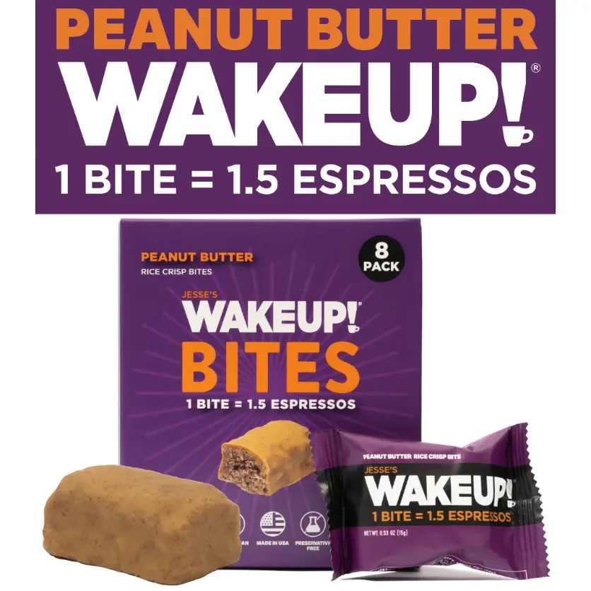 WAKE UP! Caffeinated Peanut Butter Protein Bites - Gluten Free, Vegetarian, 175mg Caffeine (1 Bite = 1.5 Espressos) - Boosts Focus and Clarity - Kosher Ingredients - 8 Pack