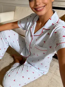 Women's Short Sleeve Long Pants Pajama Set, Blue Plaid Cherry Full Print, Casual Home Wear, All Seasons, Slim-Fitting, Two-Piece Suit, Loungewear, Nightwear, Pyjamas