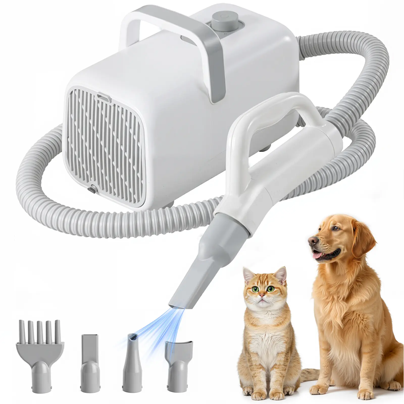 2400W Pet Force Dryer with Heater, Adjustable Airflow Dog Grooming Blower, Low Noise High Velocity Pet Hair Dryer with 7ft Hose & 4 Nozzles for Cats Dogs