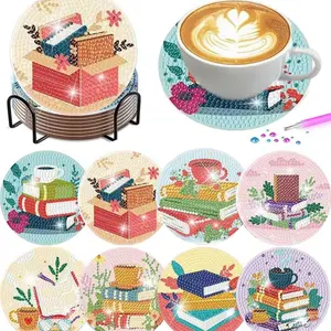 8-Piece Diamond Art Coaster Set with Stand, DIY Book Scent Tea Pattern, Suitable for Adults and Beginners, Perfect Gift for Friends, Diamond Painting Coasters