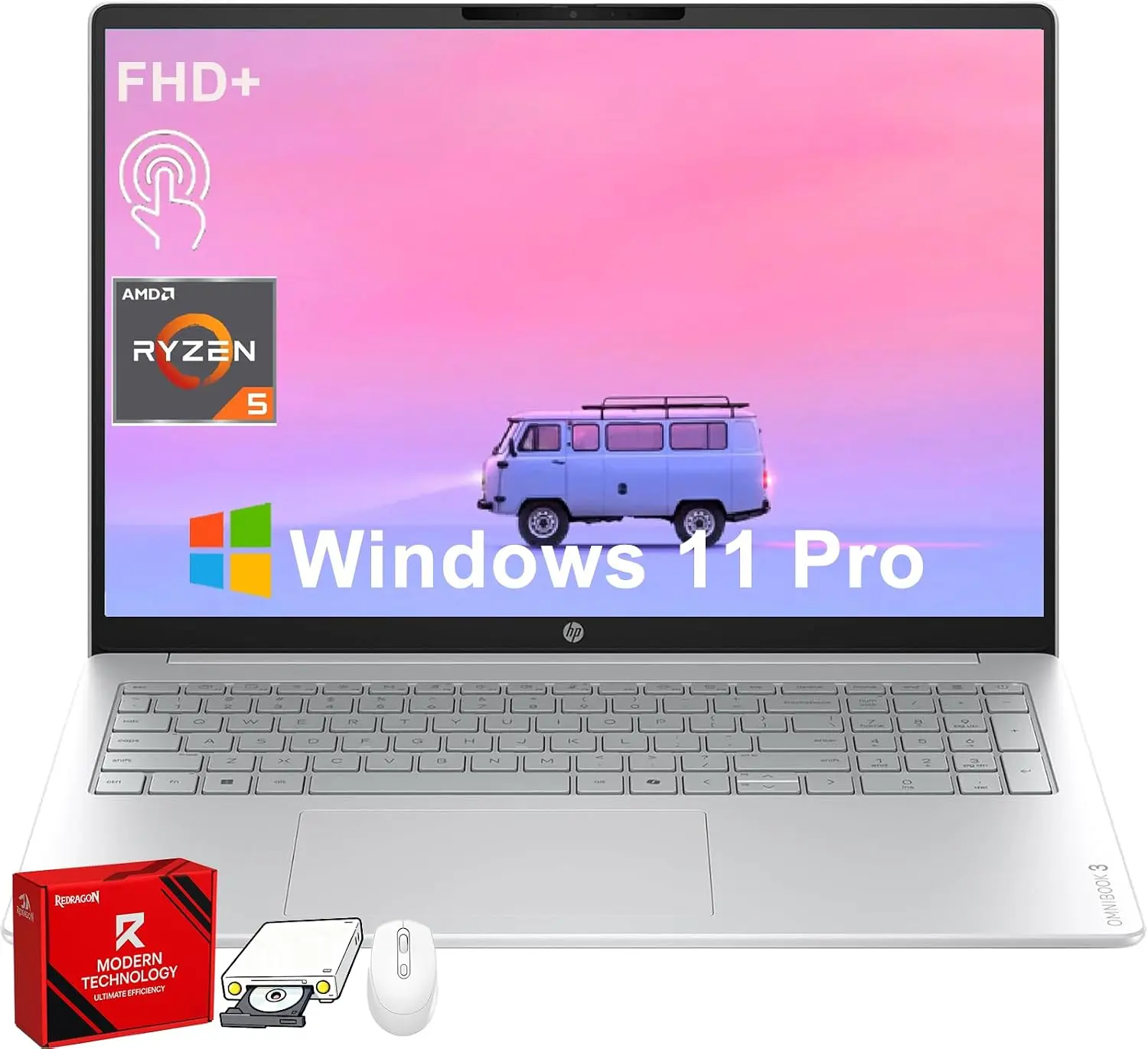 HP OmniBook 3 Laptop (2026), 16'' FHD+ IPS Touchscreen Computer, AMD Ryzen 5 40 Radeon 610M (2025), Wi-Fi 6, Battery Life (up to) 14.25h - 8GB DDR5 RAM, 256GB/512GB SSD - Glacier Silver