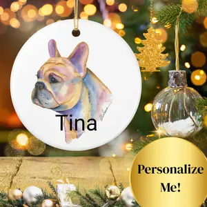 Personalized French Bulldog Christmas Ornament – Custom Pet Name Watercolor Dog Art Ceramic Holiday Decoration ornaments 90s  christmas  decor