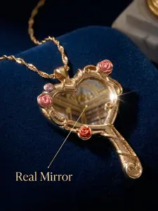 Heart Mirror Necklace, French Vintage Rose Mirror Pendant, Sweet Heart Collar Chain, Perfect Gift for Girlfriend, 1 Piece, Exquisite Jewelry Gift