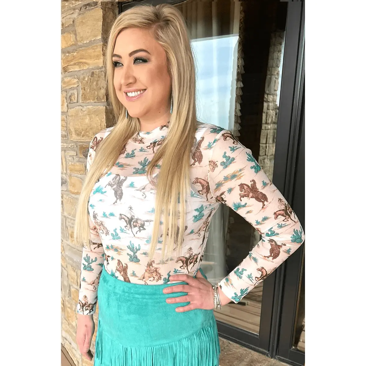 Women's Chisholm Trail Polyester-Spandex Thin Sheer Mesh Tee - Casual Western Print Long Sleeve Layering Blouse for Daily Wear, Slip, Shirts, Elastane, Layering Ready, Long Sleeves, Cute, Top, Layer-Friendly, Bronc Print, Layer Ready