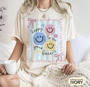 Comfort Colors Happy to See Your Face Smiley Shirt, Cute Teacher Gift, Back to School Outfit, Positive Message Tee for Students, First Day Of School Shirt, Smiley Face Shirt