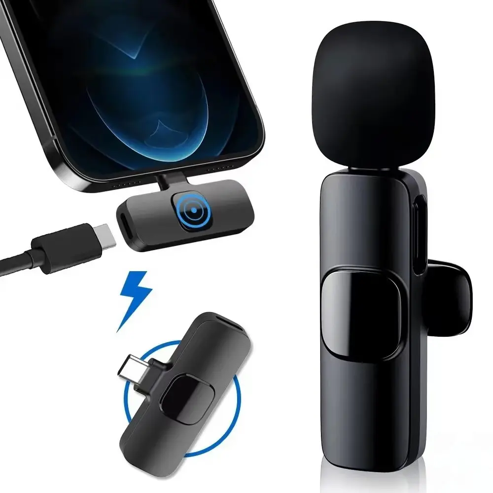 Wireless Microphone for Android/iPhone/Computer/Laptop, Wireless Mic for iPhone15 with Noise Reduction Chip, Mini Microphone for Recording Podcast YouTube, TikTok(Black)