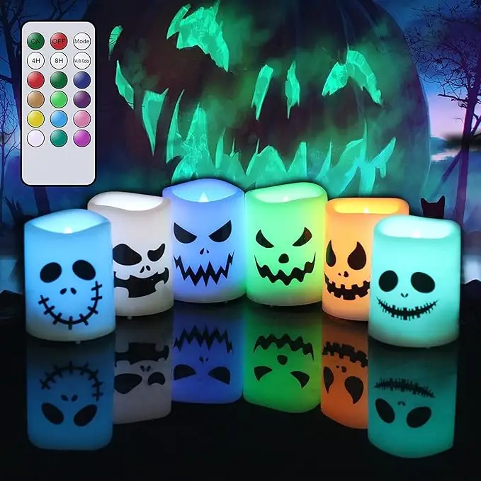 GenSwin Halloween Flameless Candles, Halloween Decorations, Pumpkin & Spooky, Battery Operated LED Lamp, Color Changing with Remote Timer, Perfect for