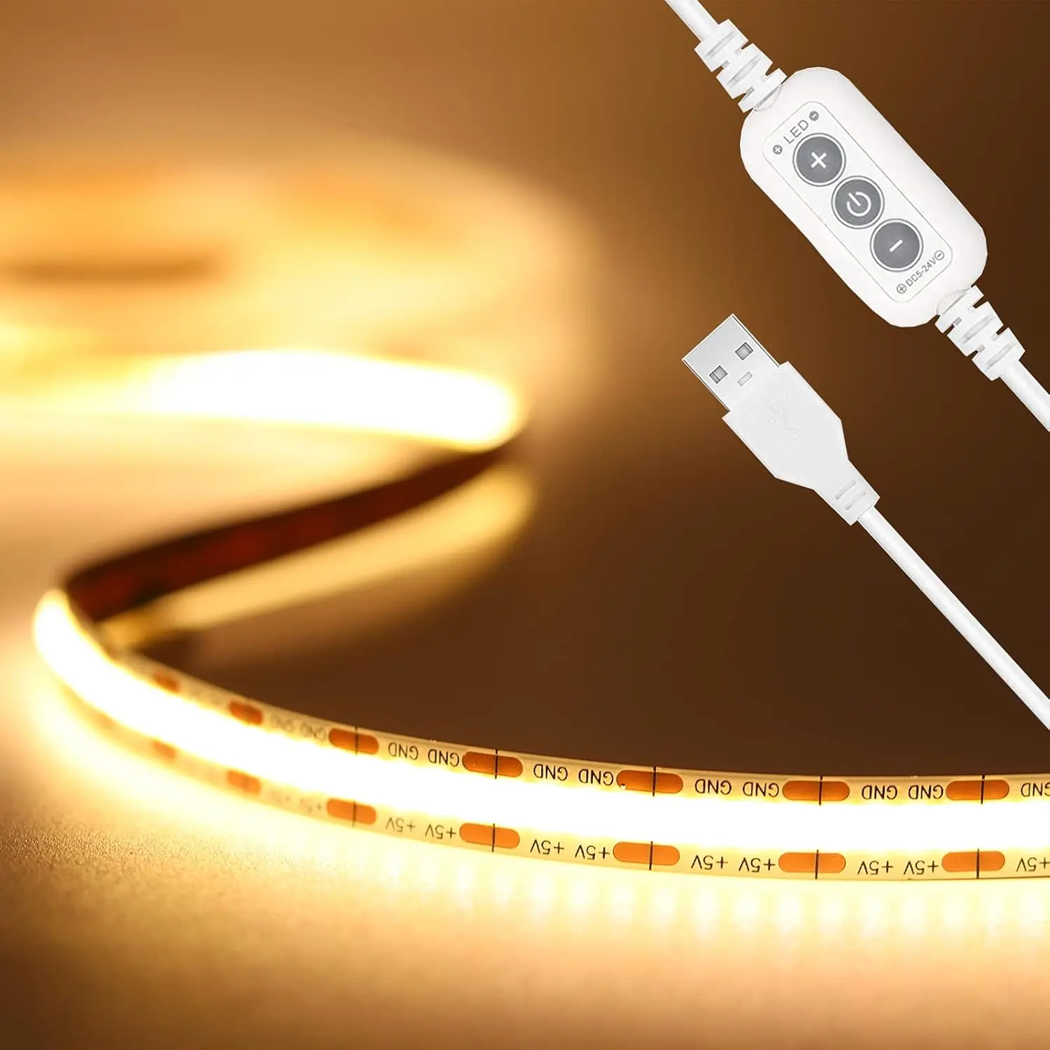 COB LED Strip Lights 5V USB Powered Dotless Super Bright Dimmable LED Lights 3000K Warm White 6.56ft TV Backlights,Flexible 3M Adhesive Under Cabinet Light for Bedroom,Kitchen,Shelf Lighting