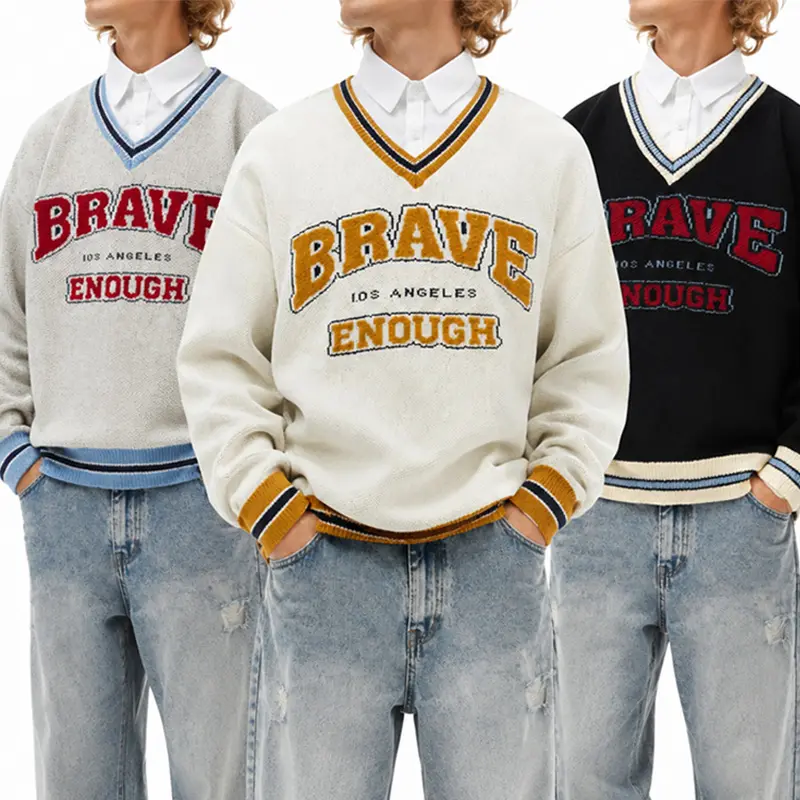 Men's 2-Piece Retro Striped Preppy Mock V-Collar Knit Sweater Set - Loose Casual Full-Sleeve Jumper, Letter-Print Seasonal Base Top, Button-Adorned, Full-Length, Long, Medium-Length, Multi-Size Men's Pullover, Button-Adorned Men's Pullover