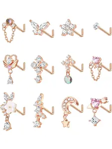 12pcs 20G Dangle Nose Rings Studs L-Shaped for Women - Stainless Steel Nose Studs Cross CZ Butterfly Heart Flower Dangling Piercing Jewelry