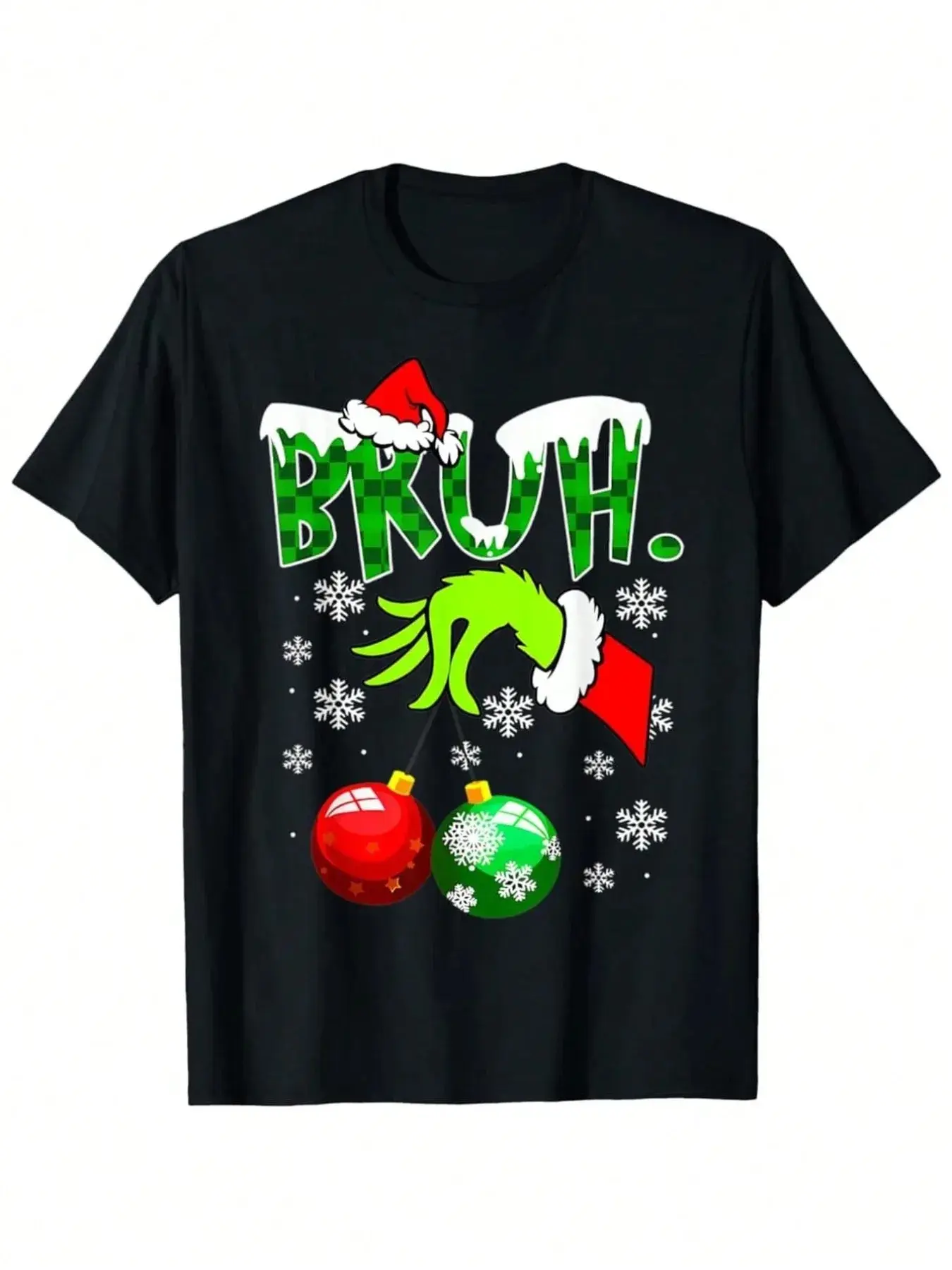 Christmas Grinch Bruh Letter Print Round Neck T-Shirt, Men's Casual Short Sleeve Summer Top, Animal Print Fitted Long Clothing