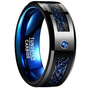 8mm Wide Inlaid Black Dragon Pattern Blue Carbon Fiber Men's Tungsten Ring USA