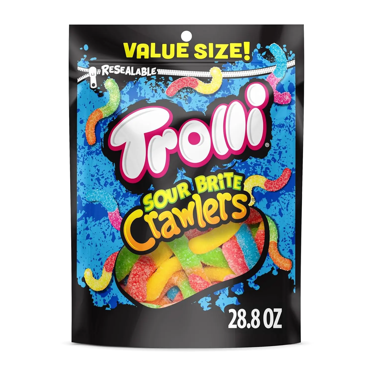 Trolli Sour Brite Crawlers Sweet Gummy Candy, 28.8 oz Value Size, Cherry-Lemon/Strawberry-Grape/Orange-Lime Tangy Chewy Bites, 2-Month Freshness, Halloween Treat, Pantry Snack