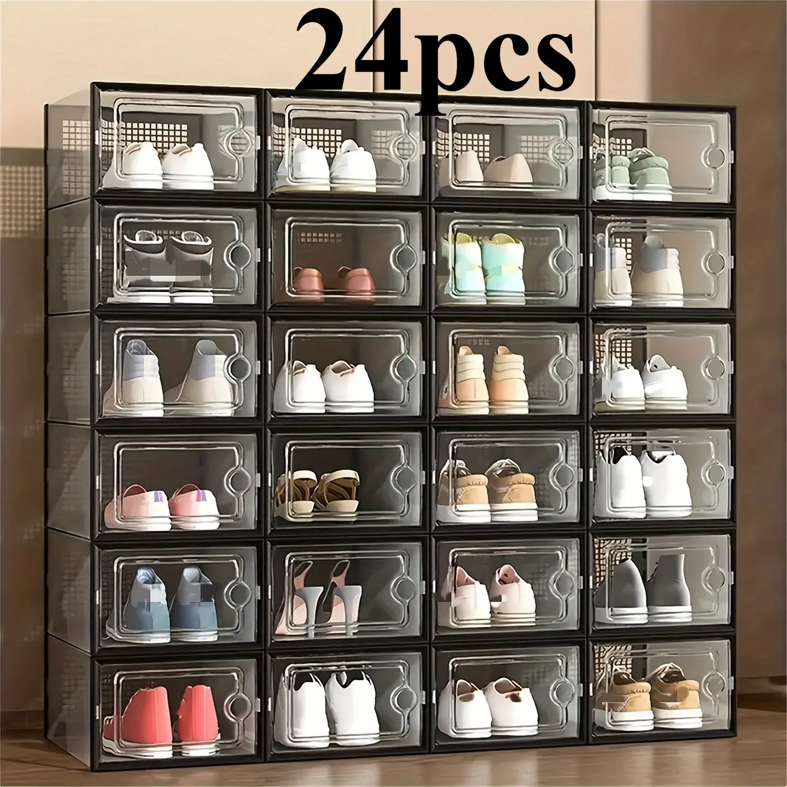 24Pack Shoe Storage Bins, Medium Size PlasticStackable Shoe Organizer for Closet,  Thick transparent plastic shoe box with magneticdoor, free combination,storage box storage,space saving, suitable fororganizers such as porch,bedroom, home,dormitory Racks