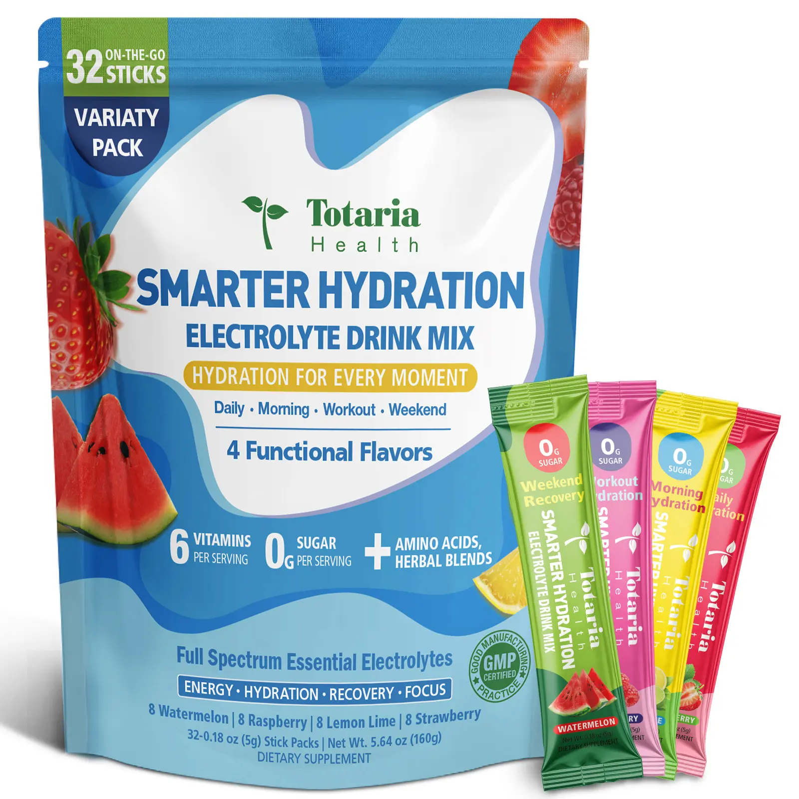 Totaria 4-in-1 Hydration Electrolyte Drink Mix for Morning Focus, Daily Balance, Workout Endurance & Weekend Recovery | 0 Sugar, 0 Calorie, Vegan, Gluten-free, Soy-free