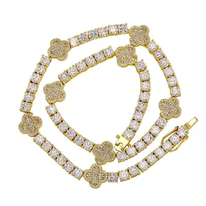 Four-Leaf Clover Full Diamond Tennis Chain Cuban Chain Bracelet Copper Zircon Real Gold Electroplated European and American Hip-Hop Trendy Jewelry Necklace