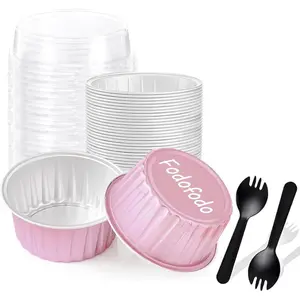 25PCS 5oz Pink Round Mini Disposable Loaf Pans with Lids, Ramekins Baking Cups Muffin Tins Cupcake Cups for Birthday Party Wedding