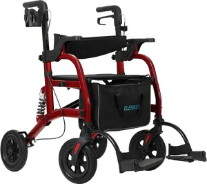 Rollator Walker Transport Wheelchair Combo with Shock Absorber, 2 in 1 Rolling Walker with Seat, All Terrain Wheels for Seniors, Red