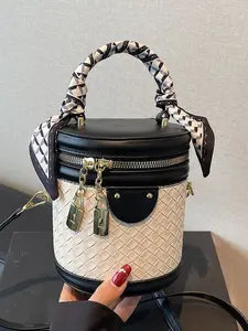 Fashionable color-blocked woven cylindri bag handbag crossbody bag, Casual Handbag Satchel, double metal lock zipper decorated crossbody bag, small, exquisite, practical and versatile, suitable for daily travel, shopping, dating, etc., Cross body bags
