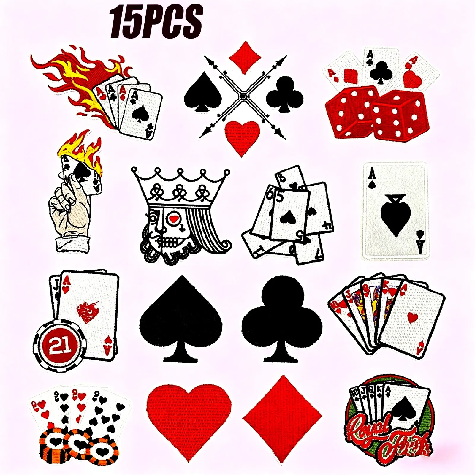15pcs Poker Theme Iron-On Applique Patches, Embroidery Patches, Appliques Embellishments, Embroidered Playing Cards & Dice Stickers, Cool Spades, Hearts, Clubs, Diamonds, DIY Decor for Jackets, Jeans