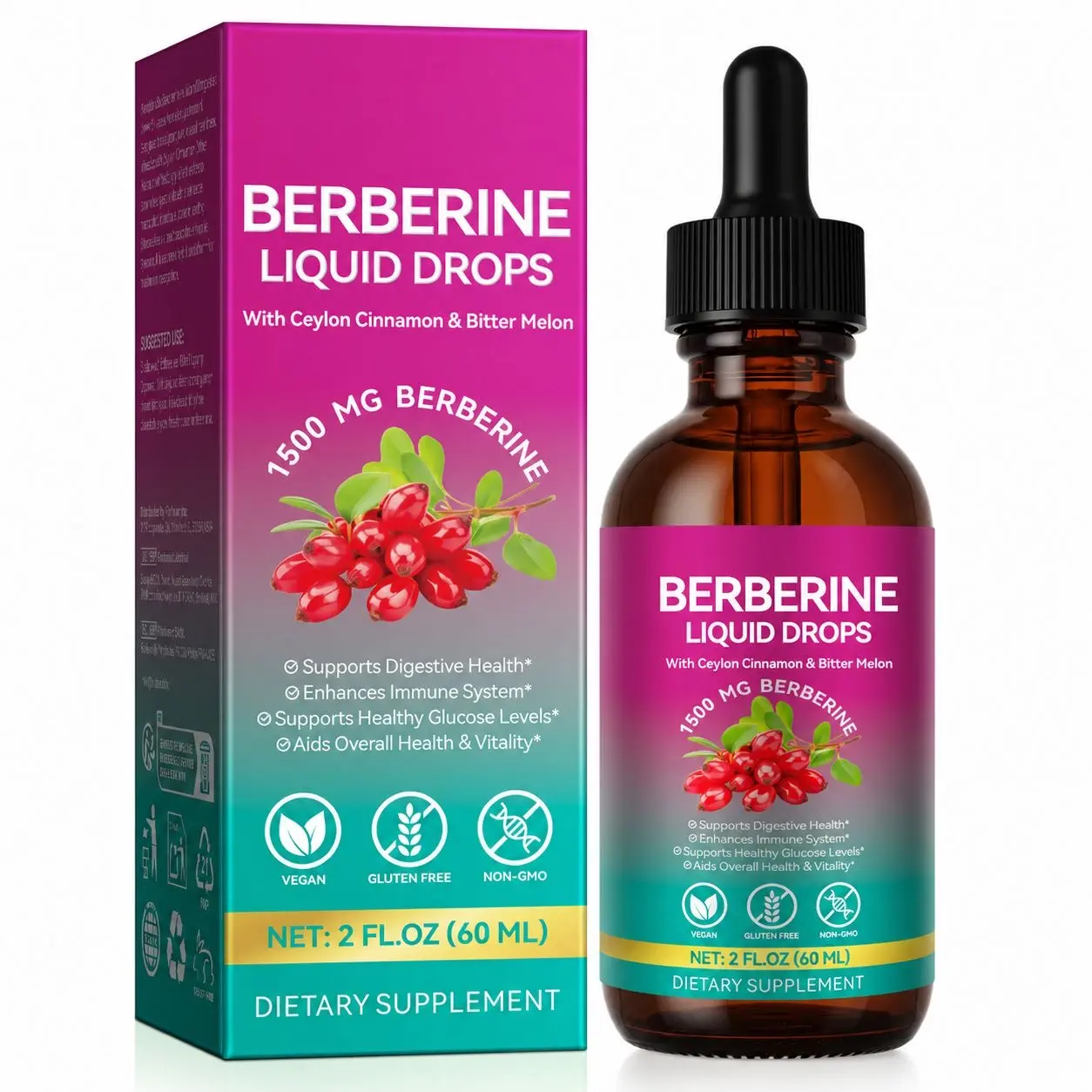 Berberine Supplement with Ceylon Cinnamon, Berberine HCL Liquid Drops with Turmeric, Bitter Melon, Quercetin,-Vegetarian, 2 fl oz