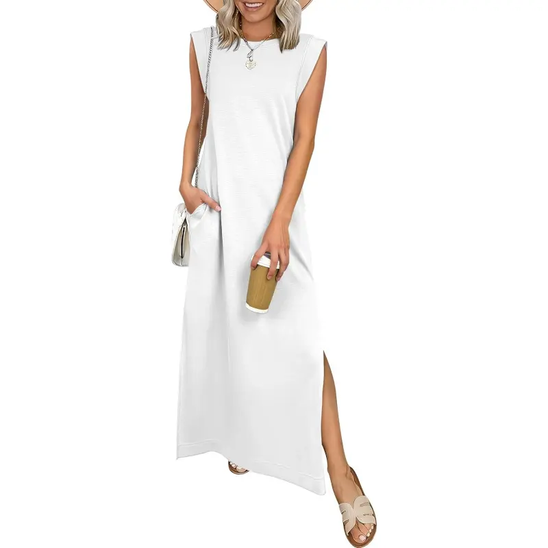 Women's Casual Polyester-Elastane Blend Ankle-Length Maxi Dress, Sleeveless Crew Neck with Side Split, Wrinkle-Free Comfy Daily Beach Vacation Sundress, Non-Revealing Fit