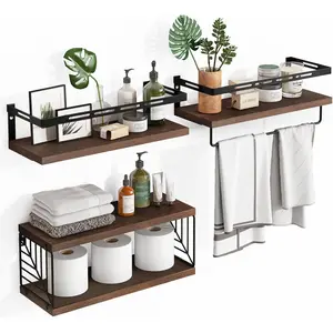 Tier Wall Mounted Bathroom Shelves Over Toilet, Rustic Wood Floating Shelves with Metal Frame and Towel Bar for Bathroom, Kitchen, Bedroom, Living Room (Dark Brown)