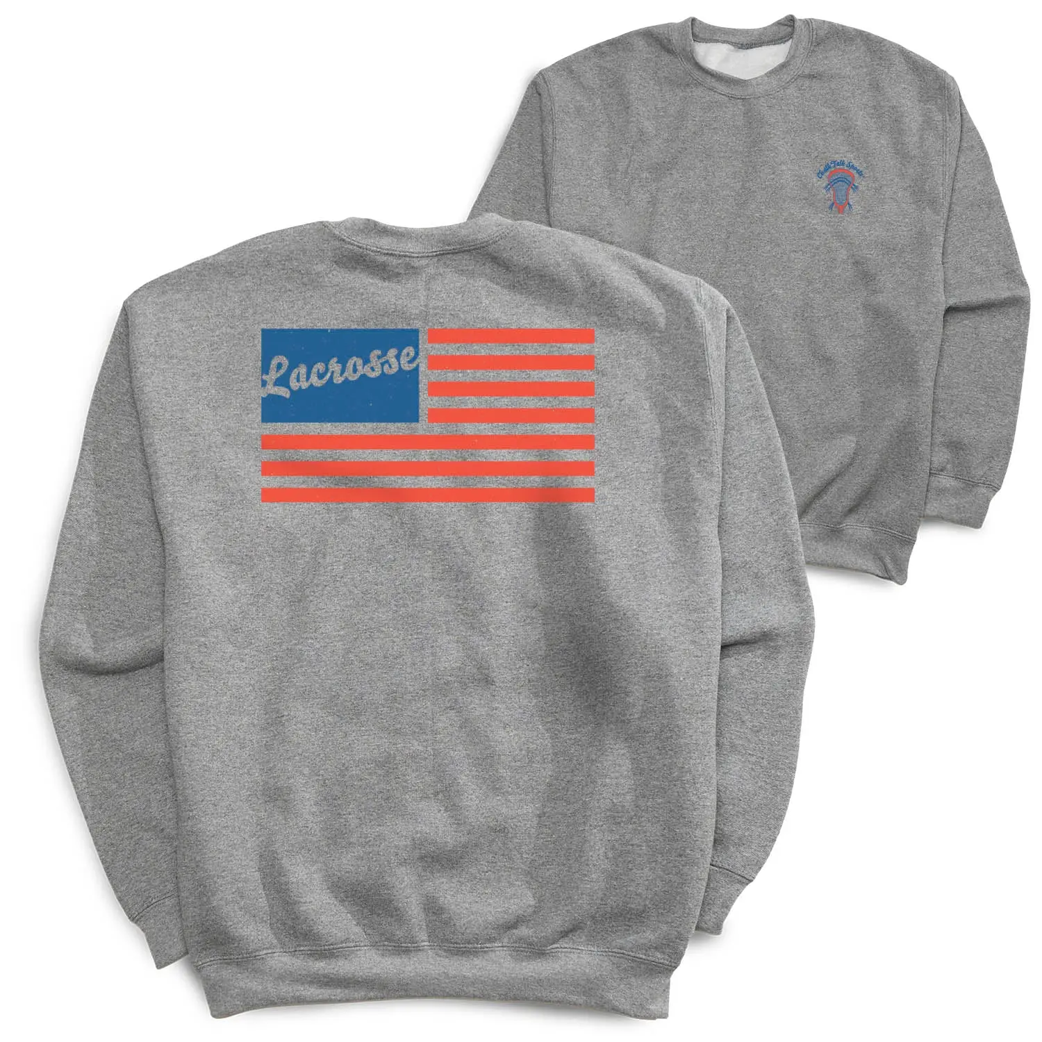 Men's Lacrosse Crewneck Long Sleeve Sweatshirt - Classic Fit, Midweight Fleece, Soft Casual Top, Patriotic Flag Bold Back Design, American Sports Club Style, for Cool Days, Tournaments, Script Stars
