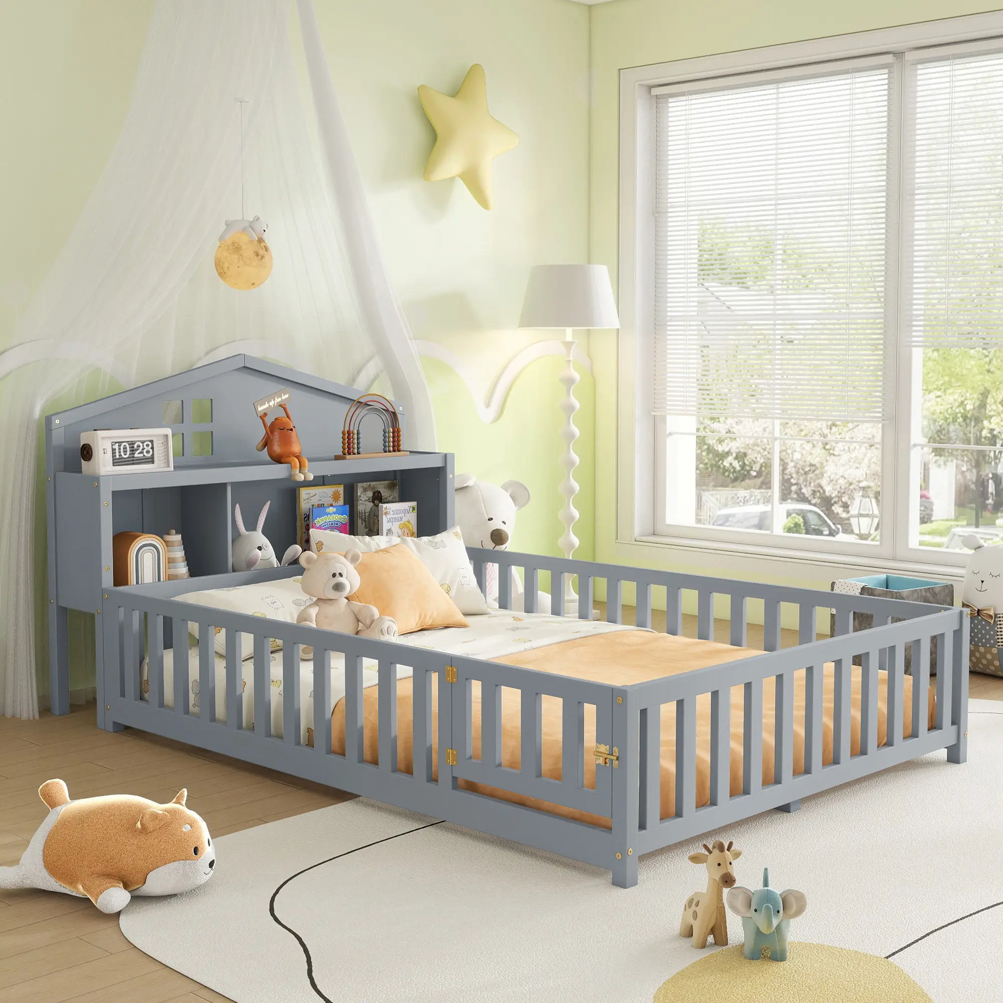 Bellemave Full-size Montessori floor bed with bookshelf and blackboard, multifunctional guardrail platform bed, solid wood storage headboard, natural-style floor bed