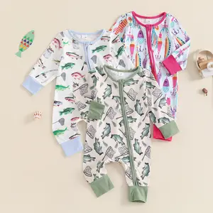 Newborn Baby Boy Girl Fishing Outfit Long Sleeve Zipper Fish Print Romper Jumpsuit Infant Coming Home Clothes