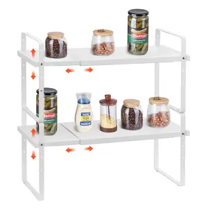 VEVOR Adjustable Kitchen Cabinet Shelf Organizer,  Expandable 2 Tier Cabinet Shelf, Stackable Countertop Organizers and Storage Shelf Risers, Pantry Organizers for Kitchen Bathroom Office, White