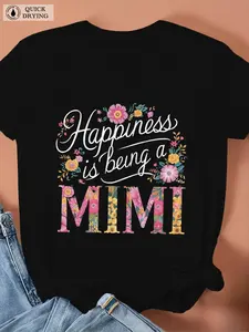 Plus Size - Plus Size - Women'S Black Floral 'Mimi' Pattern T-Shirt| Soft Blend, Casual Crew Neck, Machine Washable, Vibrant Floral Design and Bold Letters, Perfect for Casual Outfits, Base Shirt, Women'S Creative Clothing, Women'S Casual Shirt