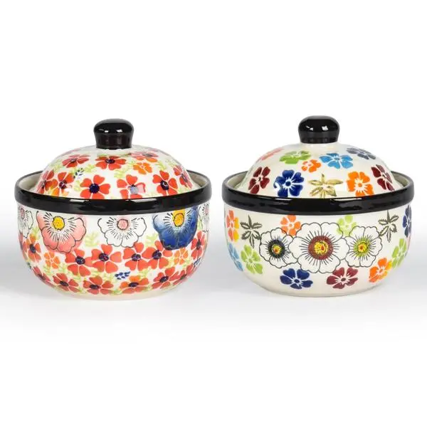 CABILON 2-Pk 12.85oz Retro Pottery Ceramic Stew Pots - Hand-Painted Floral Sealed Ramekins, Kitchen Sugar Bowls/Spice Jars, Oven/Dishwasher Safe Cookware (BloomingGarden + Floral Shadow)