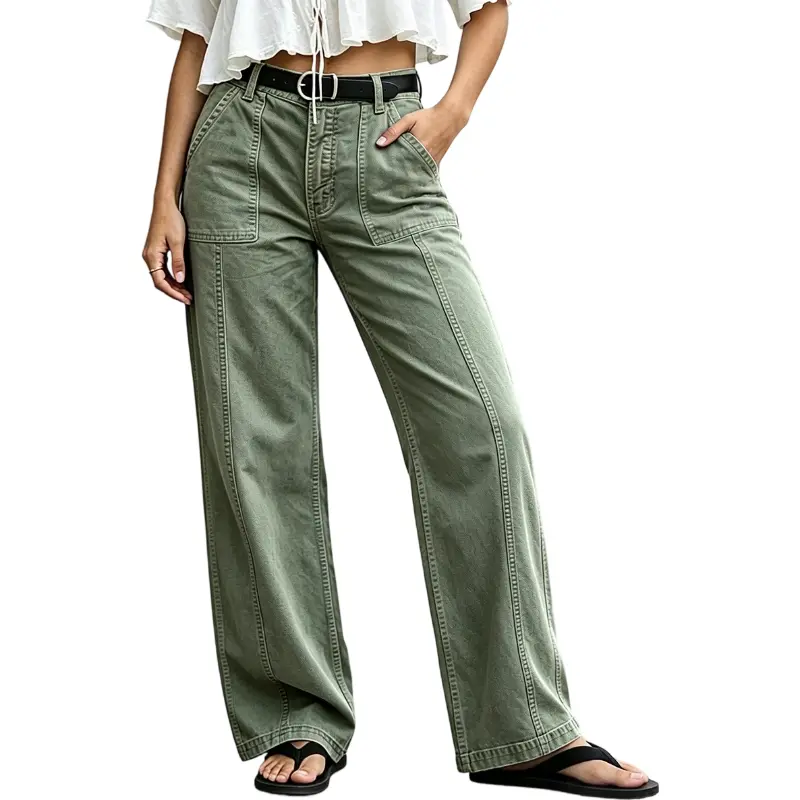 Flamingals Solid Seam Front Patch Pocket Mid Rise Wide Leg Pants Without Belt Womenswear Stretchy 30.5" Inseam