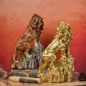 2-Pack Realistic Lion Decorative Figurines, European Vintage Style, / Finish, Rock Base, Standing Mane Details