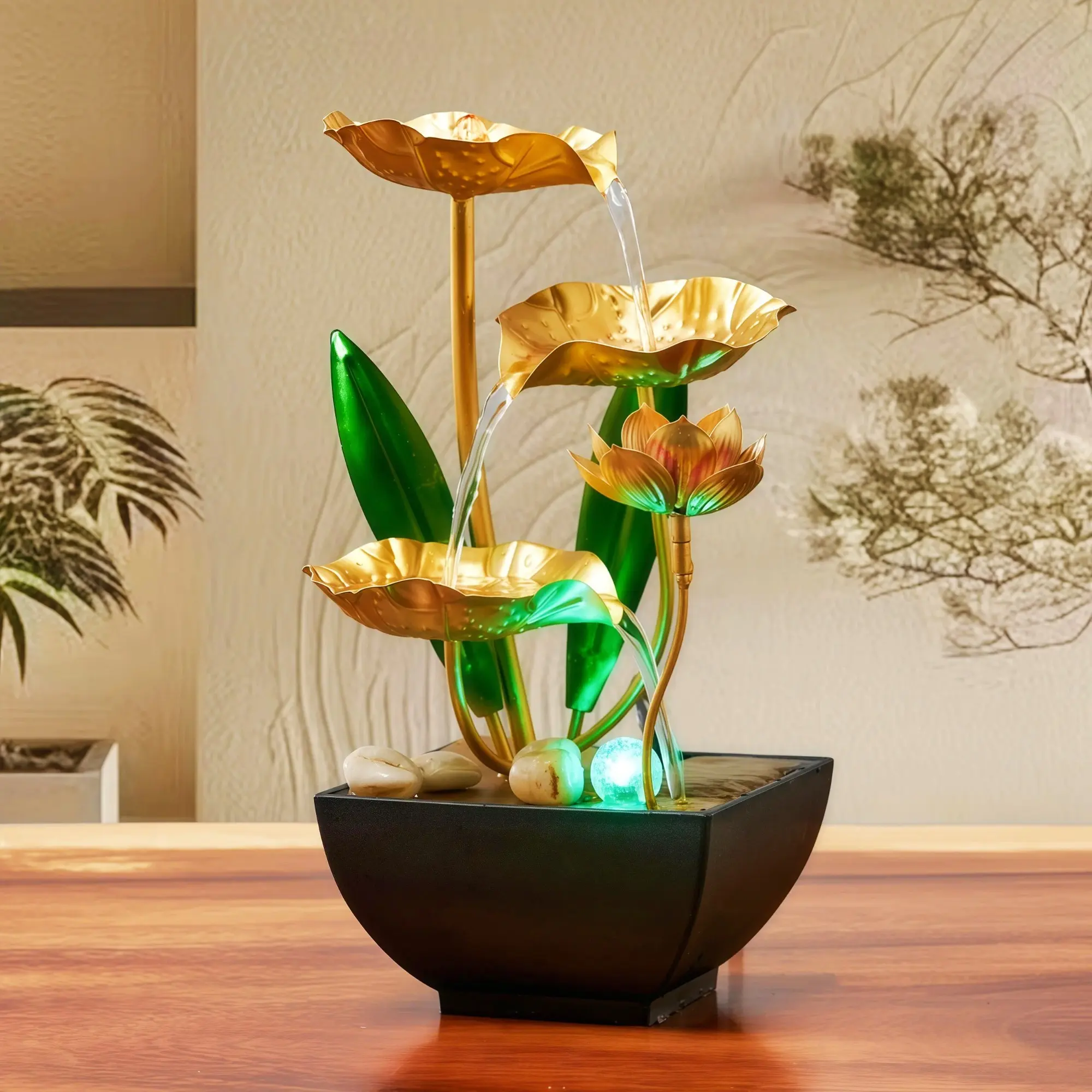 USB Mini Indoor Fountain Humidifier, USB Powered Humidifier with Colorful LED Lights, Zen Tabletop Waterfall Decor, Golden Lotus Leaf Metal Crafts, Soothing Sound, Home Water Feature for Bedroom Living Room Office Desk