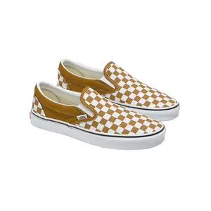 VANS Women's Stylish Casual Slip-On Shoes, Golden Brown Checkerboard Canvas Footwear with Padded Collars and Rubber Waffle Outsoles