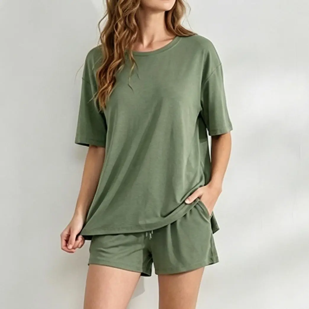 DAVID ARCHY Women's 2-Piece Cooling Basic Fit Cotton-Oversized Short-Sleeve Pyjamas Set, Light Minimalist Casual Nightwear with Pockets , Adjustable Drawstring, Buttery Soft Breathable Loungewear for Home Gifting Womenswear Pjs