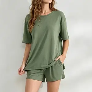 DAVID ARCHY Women's & Men's 2-Piece Light Minimalist Cotton-Spandex Oversized Short-Sleeve Pajama Set, Adjustable Drawstring, Soft Breathable Basic Fit Lounge Wear for Home, Holiday Gifting