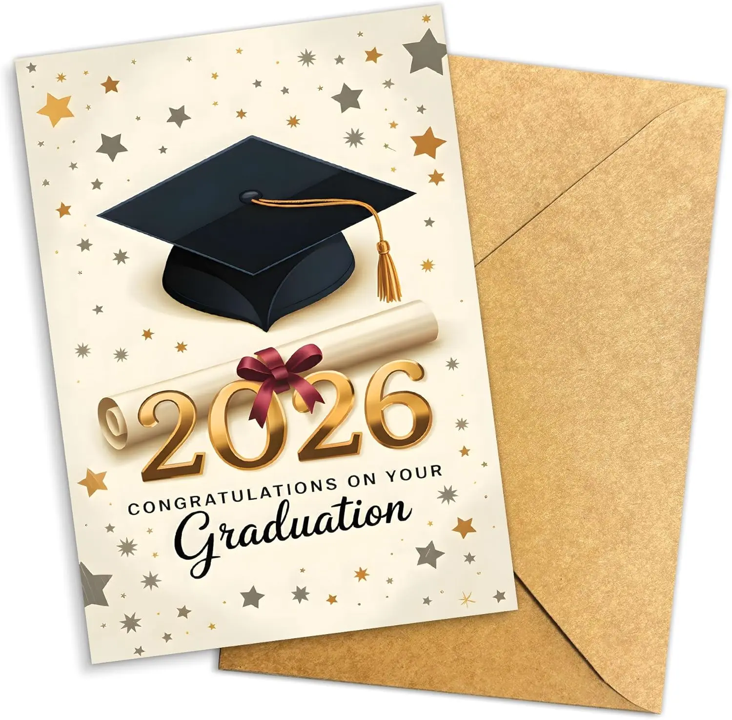 Graduation Card 2026, Congratulations on Your Graduation, Gold Class Year Design with Cap and Diploma, High School College | Gift Card with Envelope